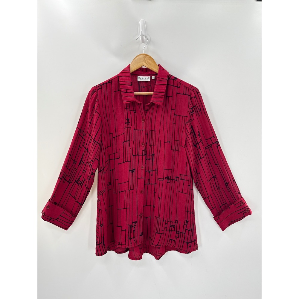 Habitat Button Down Shirt Red Black Abstract Geometric Long Sleeve S Art To Wear